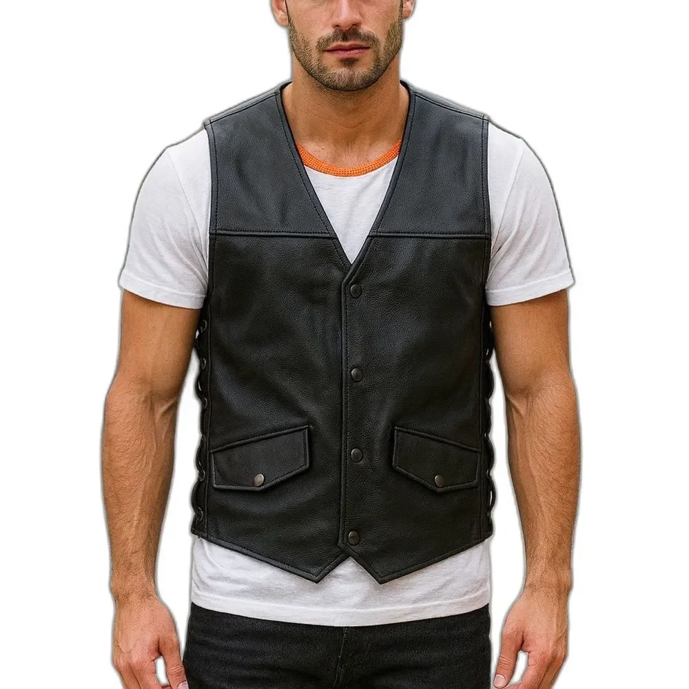 First classics Black Leather Vest with Orange Lining Biker Vest